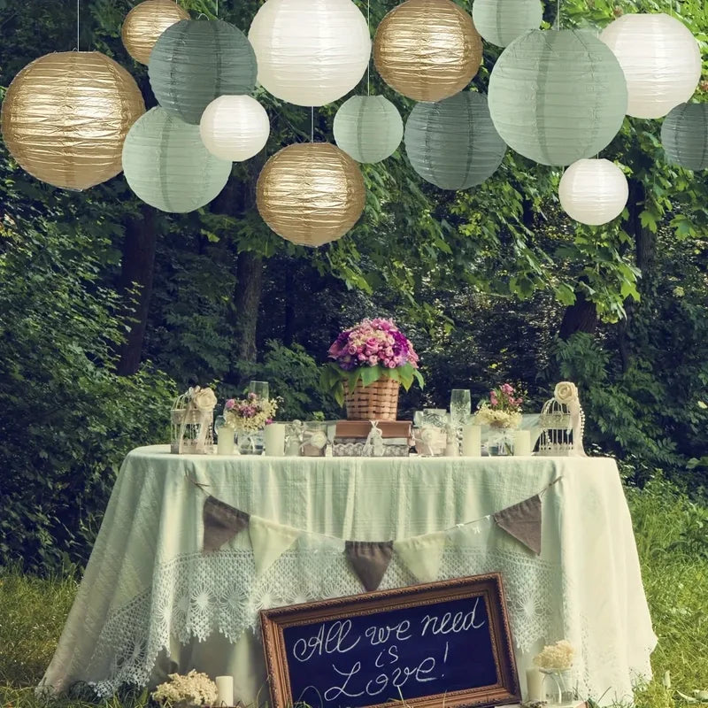 Sage Paper Lantern Set for Wedding Decor and Holiday Backgrounds - Green & Variety Styles