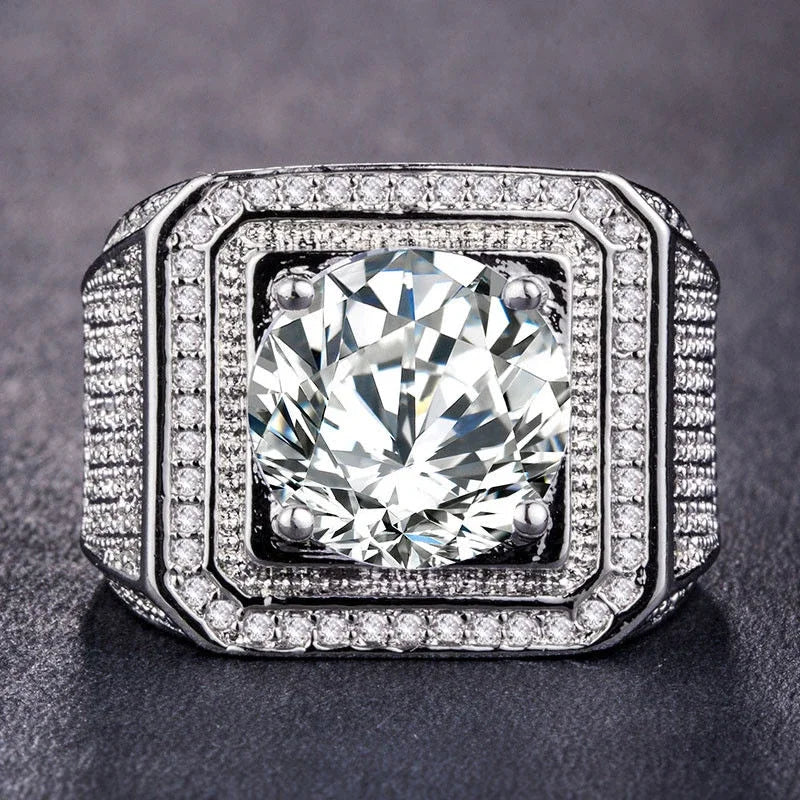 Big Rhinestone Hip Hop Square Ring for Men - Pave CZ Engagement Jewelry