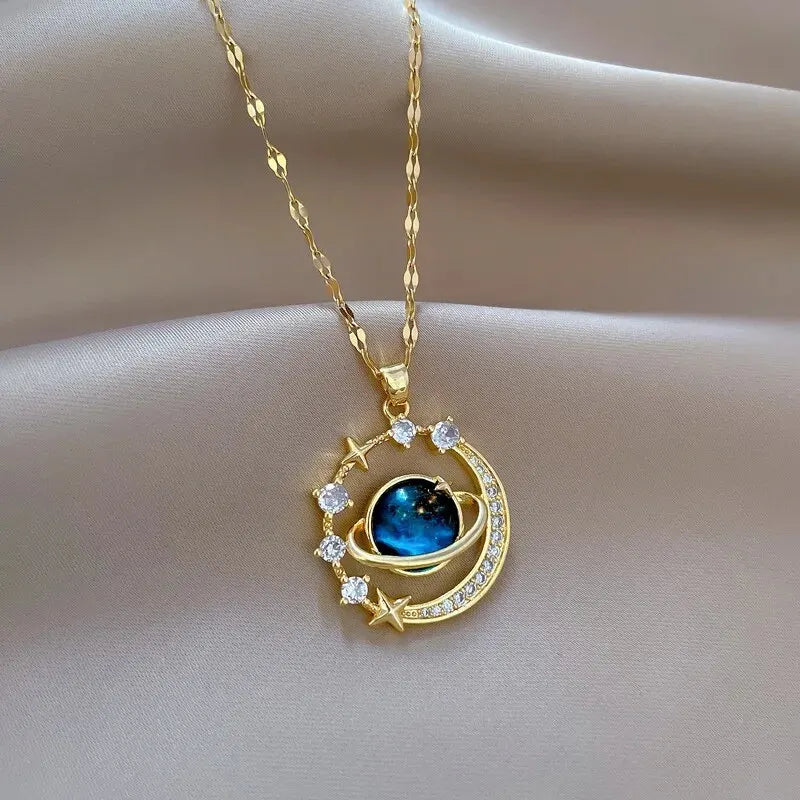 Stainless Steel Starry Sky Necklace with Moon and Planet Pendant - Luxurious Elegant Jewelry