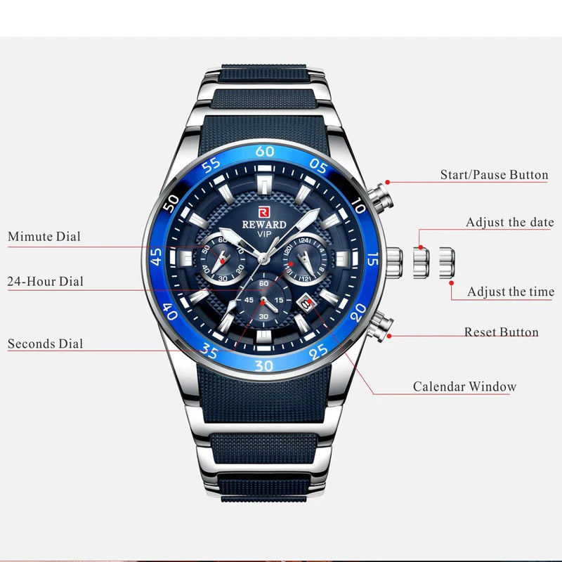 Men's Waterproof Sport Chronograph Watch with Quartz and Automatic Date