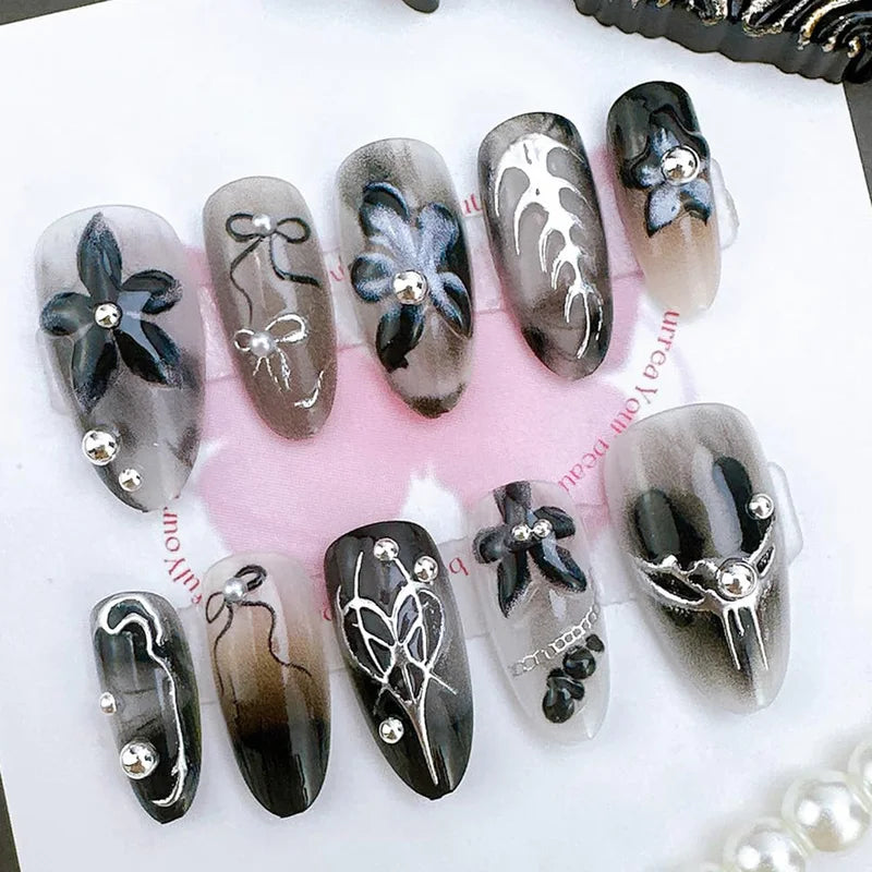24Pcs Black Gothic Press On Nails Medium Almond Fake Nails with 3D Flowers & Gradient Designs