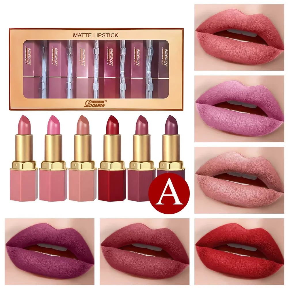 6-Color Matte Velvet Lipstick Set with Pearlescent Glitter - Valentine's Day Gift