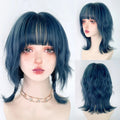 Blue Synthetic Mullet Wig with Bangs Short Straight Cosplay Hair for Parties & Daily Wear