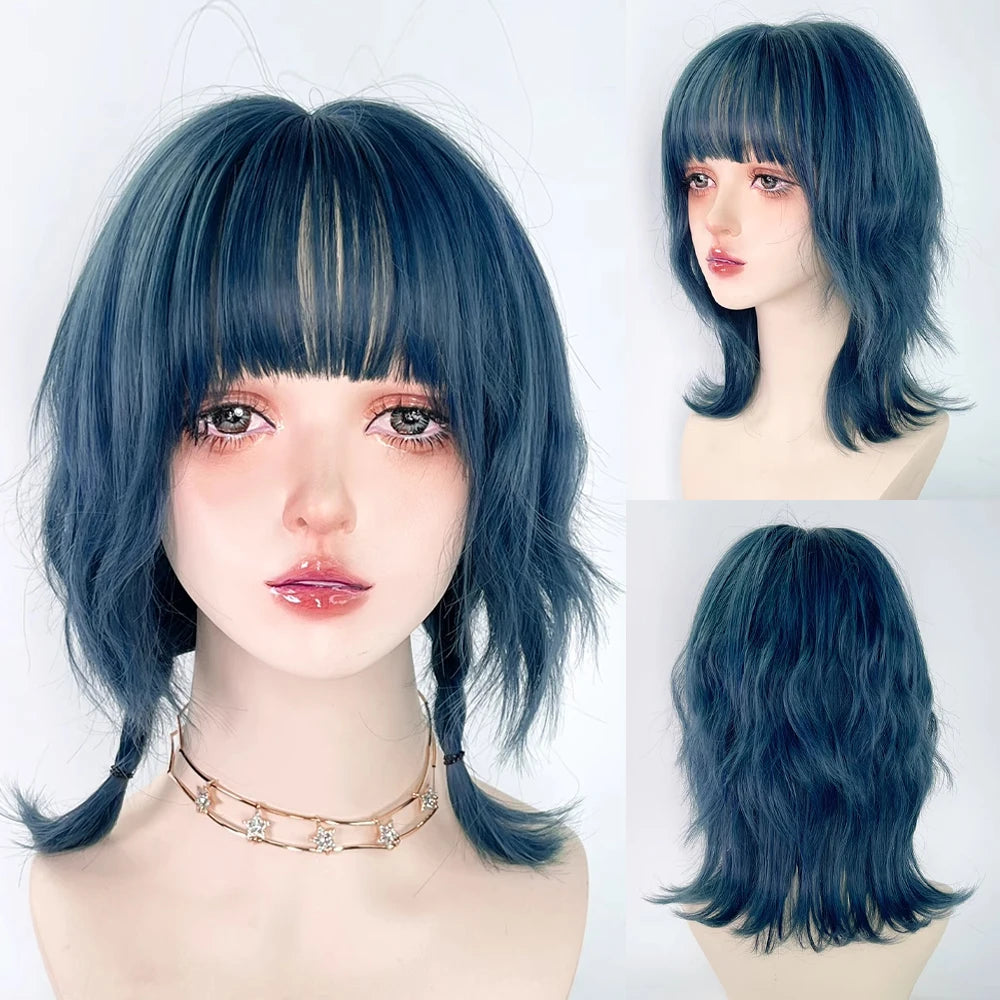 Blue Synthetic Mullet Wig with Bangs Short Straight Cosplay Hair for Parties & Daily Wear