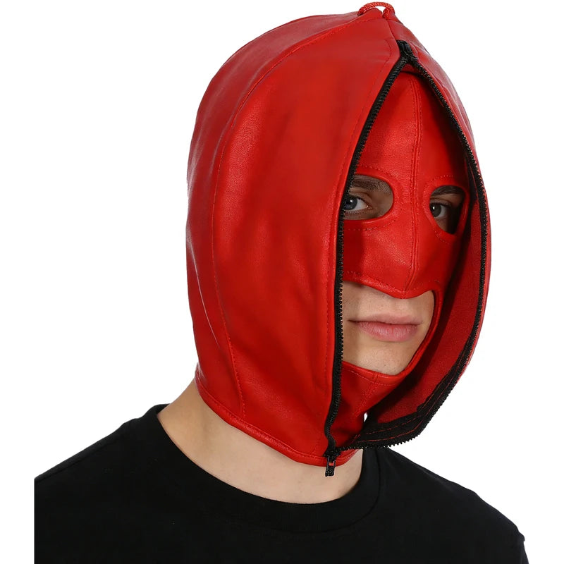 Full Face Leather Mask with Zipper & Lace-Up Adjustable Headgear for Cosplay & Parties