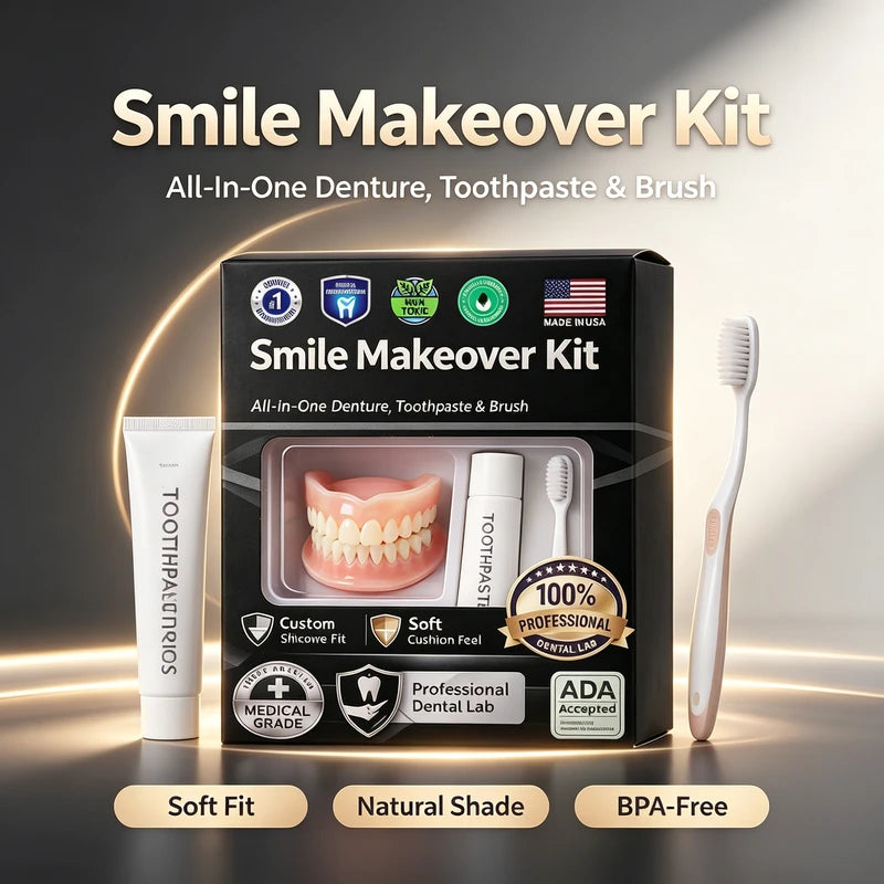 Moldable Silicone Denture Kit - Upper & Lower False Teeth with Free Toothbrush & Toothpaste, Natural Ivory, Color Variants