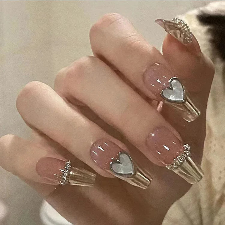 24Pcs Short Square Coffin Fake Nails with French Glitter Acrylic Full Cover for Women