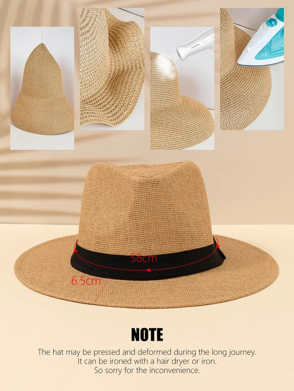 Unisex Wide Brim Summer Beach Sun Hat - Panama Straw Style for Men & Women