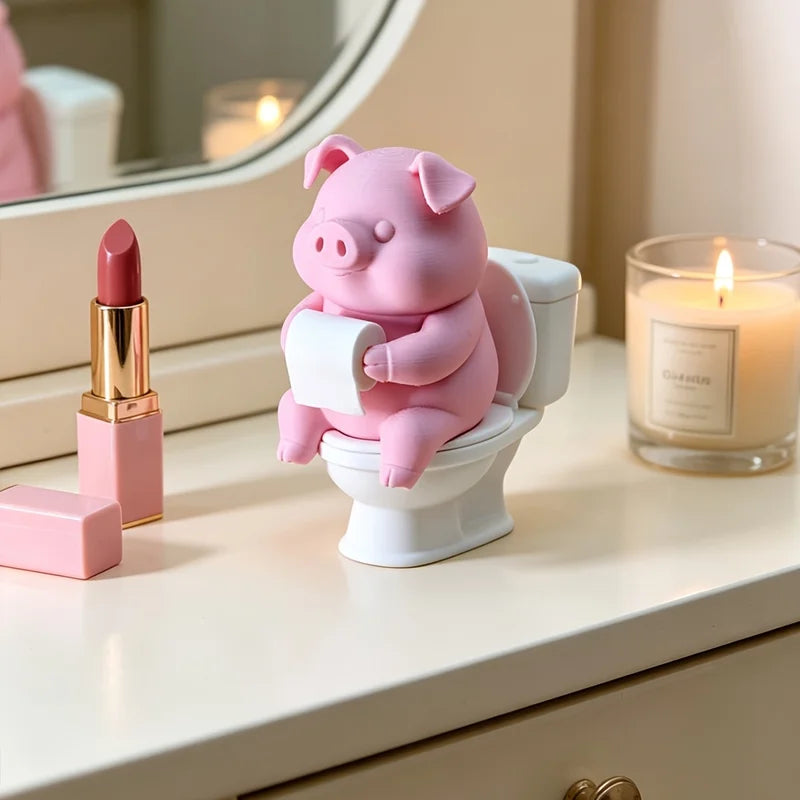 Cute Pig Sitting on Toilet Wall Decor - Bathroom & Home Office Display