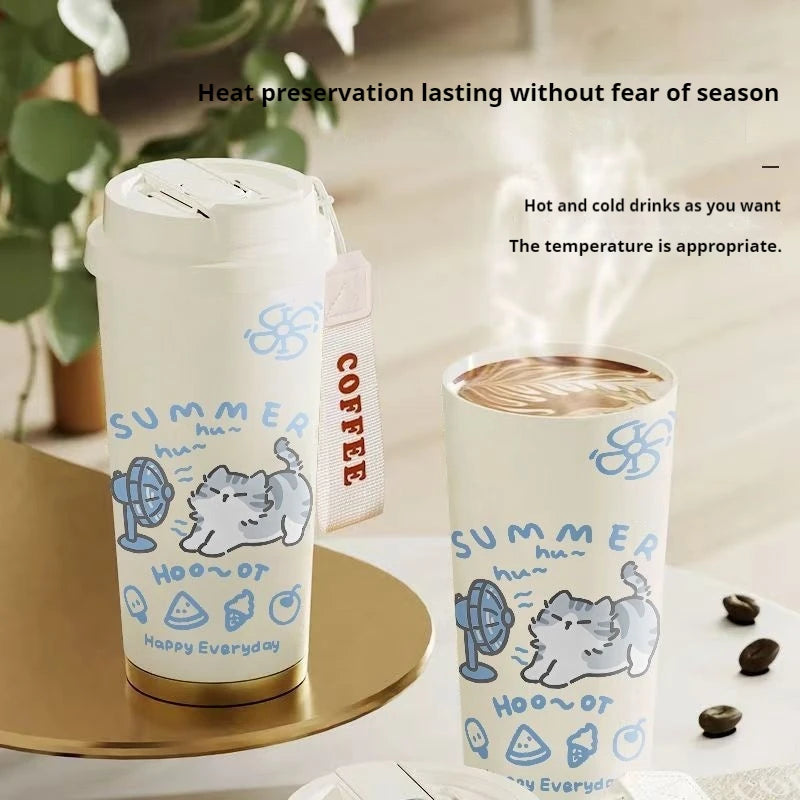 520ml Cute Cartoon Cat Insulated Stainless Steel Cup Double Wall Hot Cold Drinkware