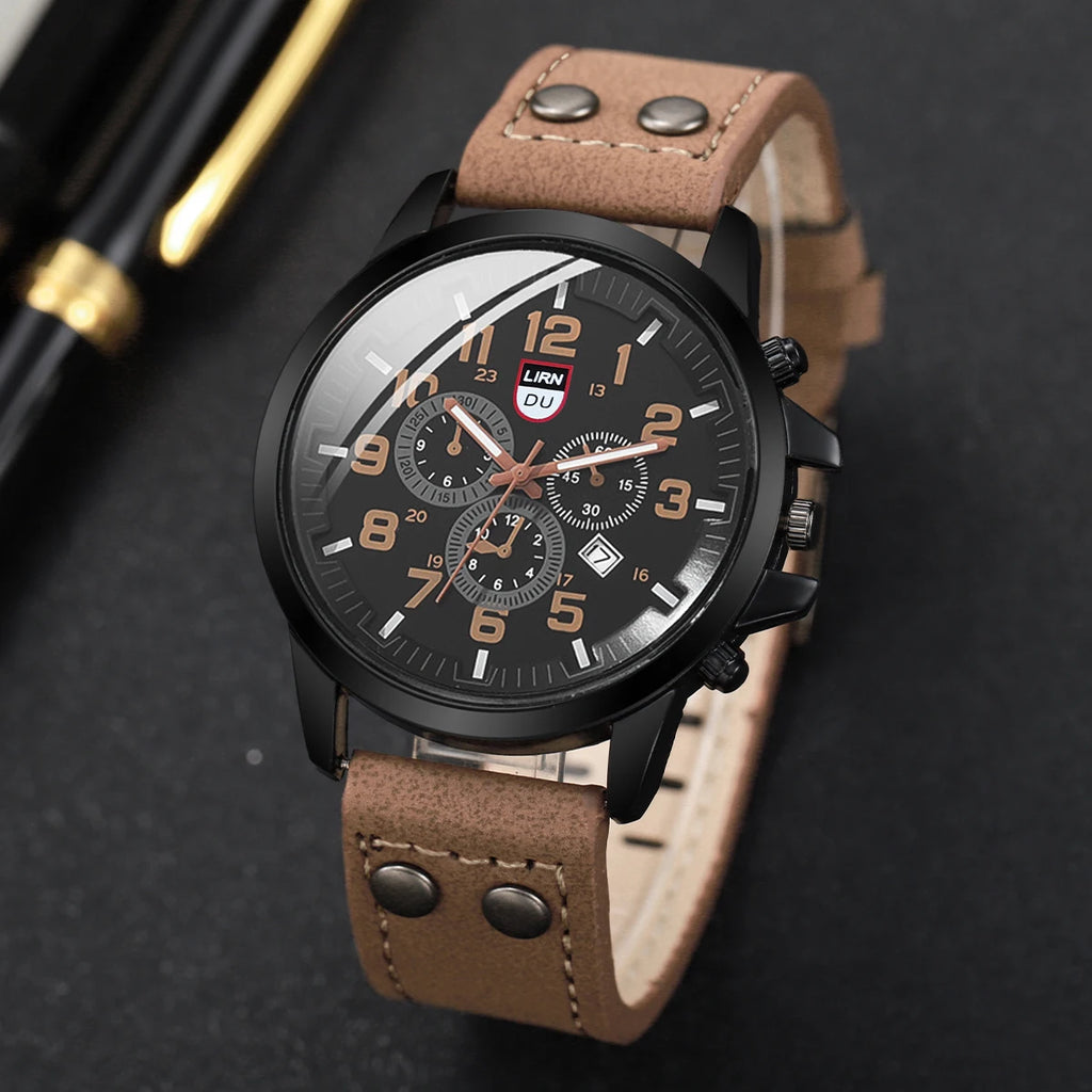 Men's Casual Leather Band Quartz Watch with Calendar - Multiple Colors