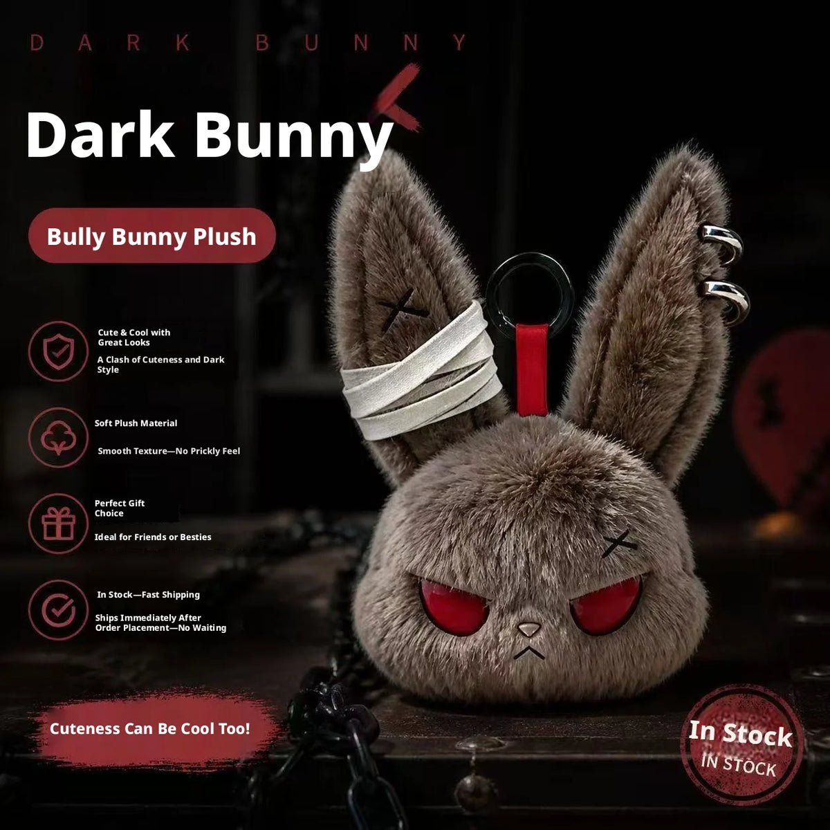 Gothic Bunny Plush Keychain Rabbit Bag Charm with Bandage Design – Kawaii Car & Bag Pendant