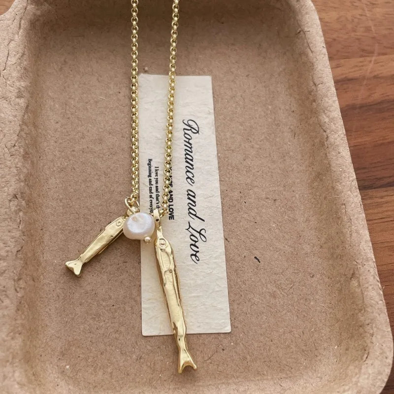 Charm Metallic Fish Pendant Necklace for Women with Pearl Accent, Gold & Silver Options