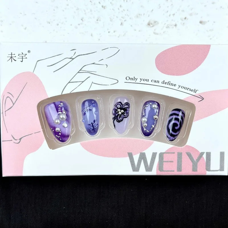 24-Piece Gothic Press-On Nail Set - Purple Flower Swirl Fake Nails for Women