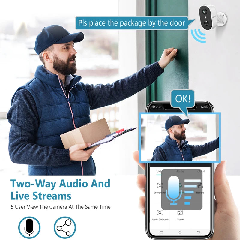 Wireless Security Camera with 2K Resolution, IP65 Weatherproof, PIR Motion Detection