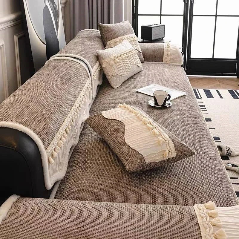 Chenille Sofa Cover with Velvet Hem & Tassels - Non-Slip All Seasons Decor