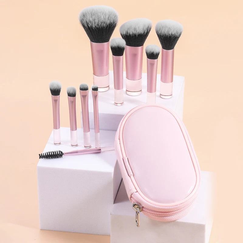 Mini Makeup Brush Set Travel Portable Cosmetic Tool Kit - 10 Pink Handles