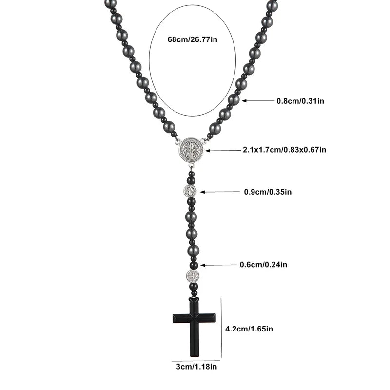 Black Round Beads Saint Benedict Cross Pendant Necklace for Men Women Rosary Gift