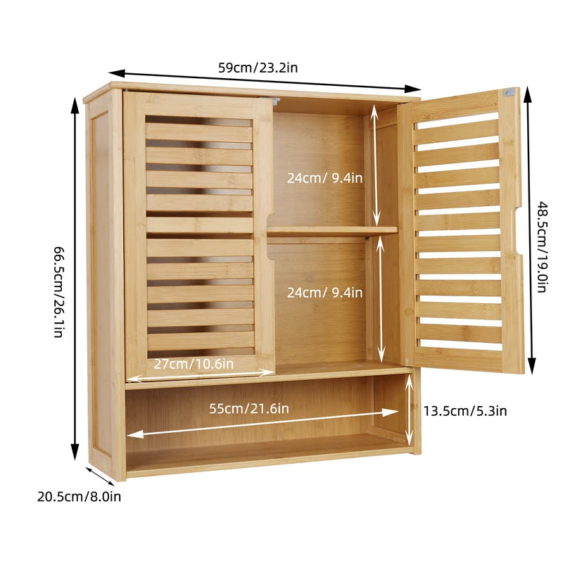Wall Mounted Bamboo Bathroom Storage Cabinet with Shelves and Organizer Rack