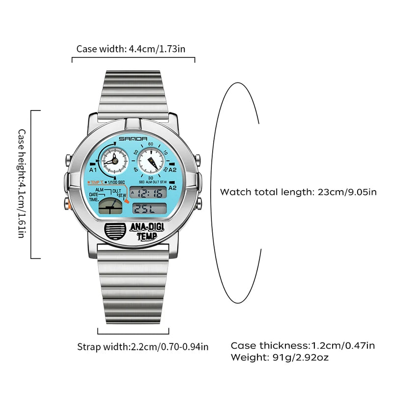 Digital Men’s Watch with Steel Band, Temperature & Stopwatch Functions