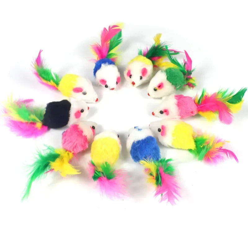 Plush Cat Toys Set - Rainbow Mouse Feather Fur Play Toys for Kittens & Cats