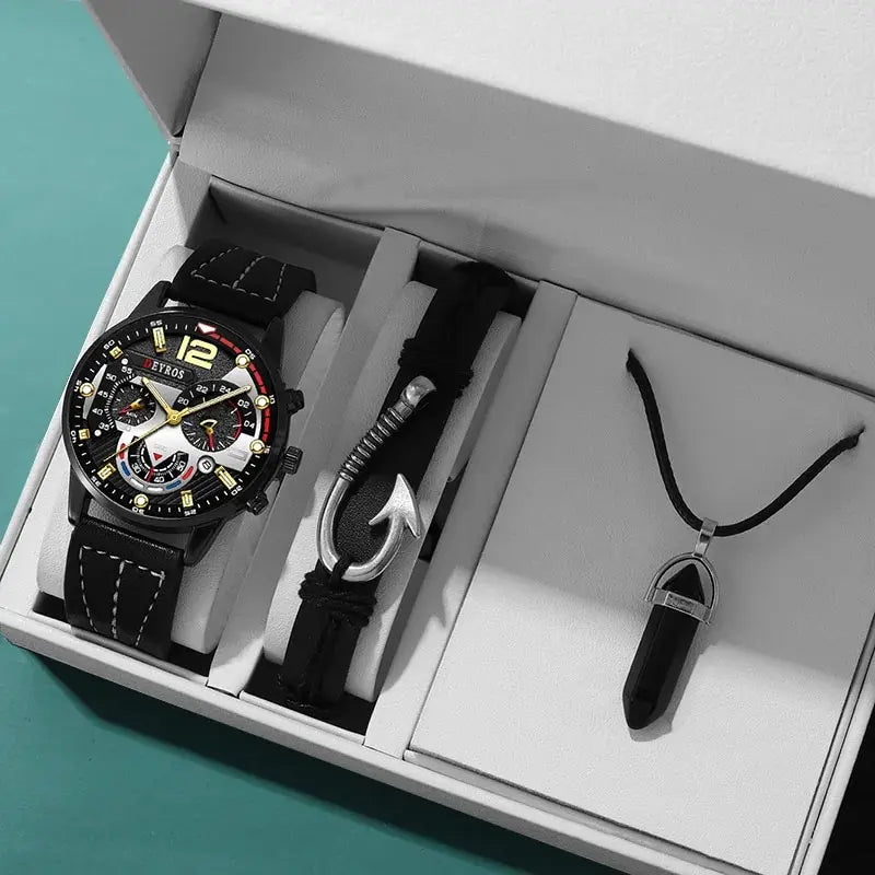 Men's Fashion Quartz Watch Set with Leather Strap and Calendar - Multiple Colors
