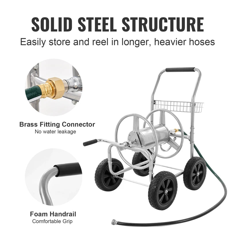 Heavy Duty Garden Hose Reel Cart 250ft with Steel Frame & Basket