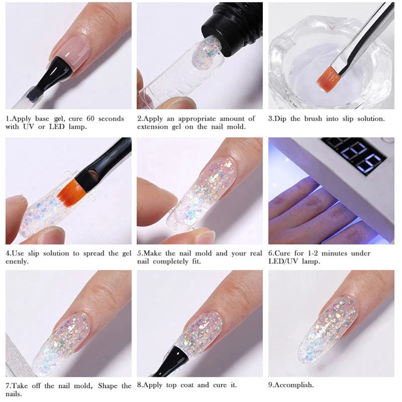 7-Piece Nail Extension Gel Kit with Tips & Tools - Clear, Black, Green