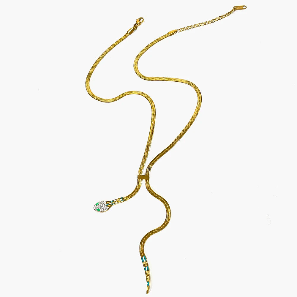 Dainty Gold Plated Rhinestone Snake Chain Necklace with Tassel for Women