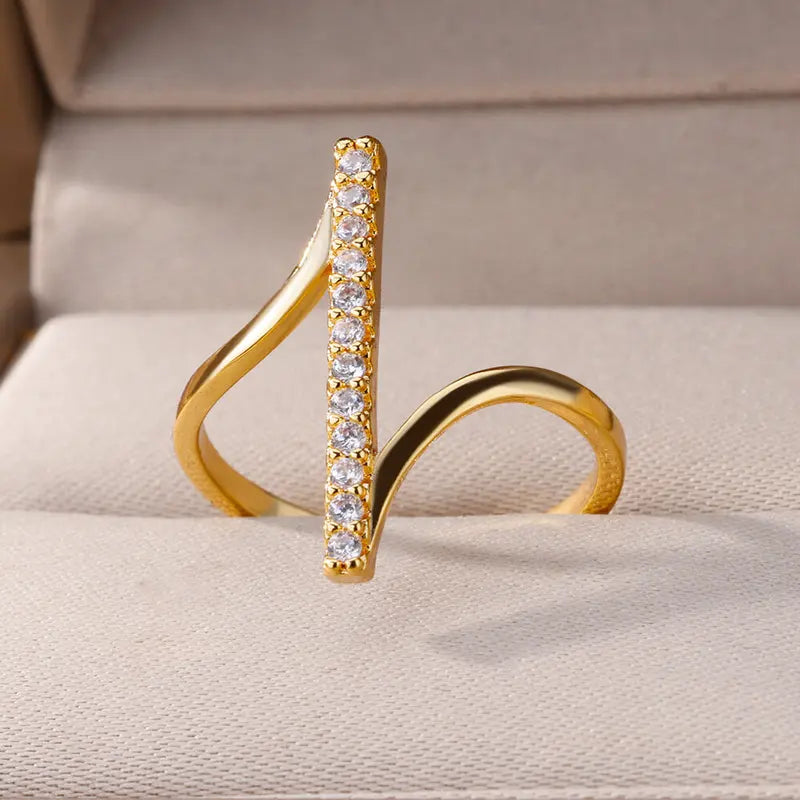 Geometric Zircon Rings for Women Gold Stainless Steel Wedding Party Jewelry Gift