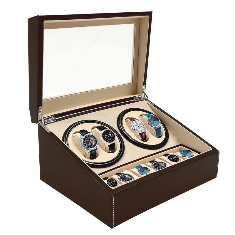 Automatic Watch Winder Display Box with PU Leather Finish - Holds 10 Watches, Black or Brown