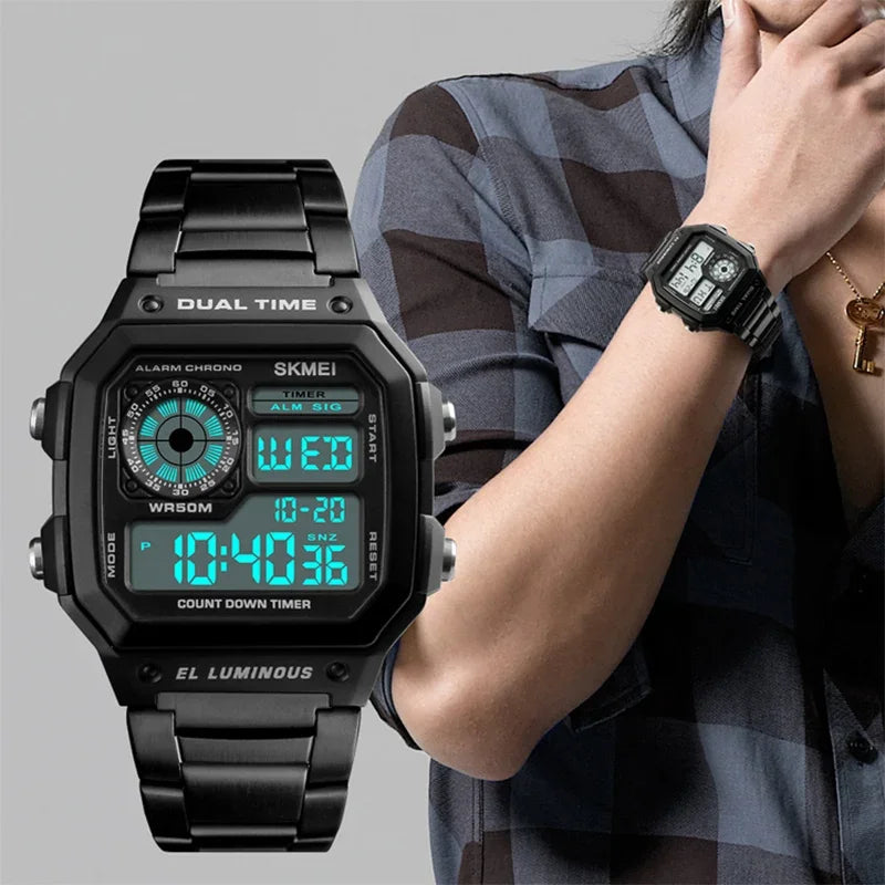 Digital Sports Watch Men Waterproof Dual Time Zone Stainless Steel Band