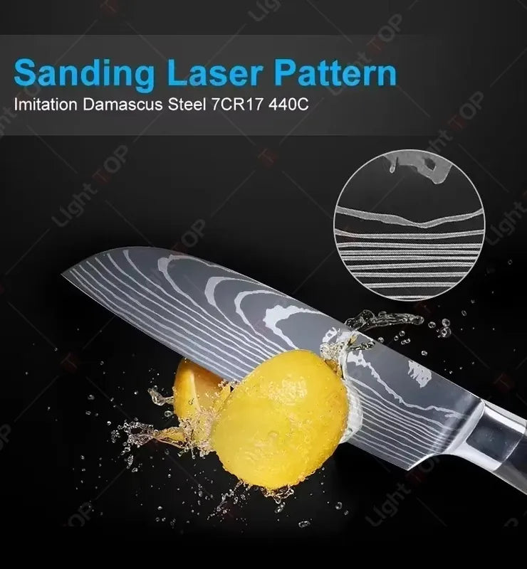 Kitchen Knife Set 1-3 Pcs Laser Damascus Santoku Cleaver Utility Chef Knives