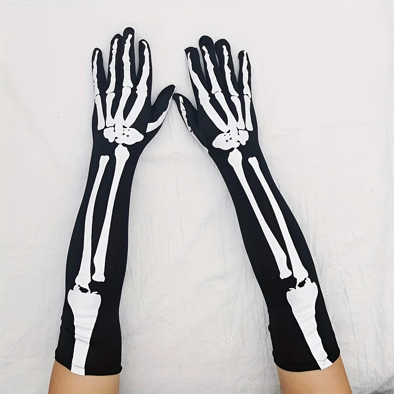 Halloween Skull Gloves Long Elastic Full Finger Costume Gloves