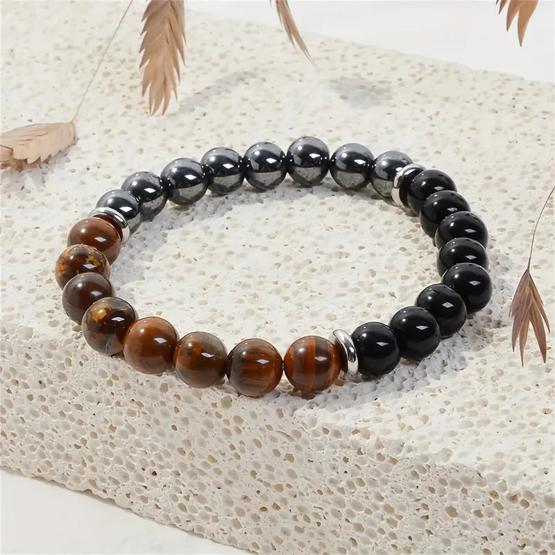 Triple Protection Crystal Bracelet with Tiger Eye, Black Obsidian & Hematite – 8mm Healing Gemstone Stretch Jewelry
