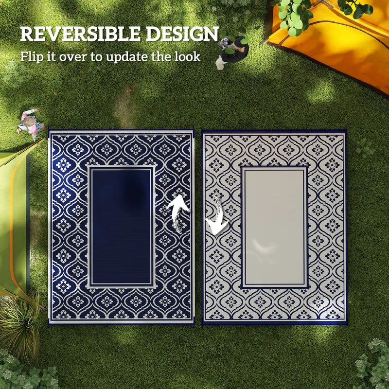 Outdoor Rug 9x12 ft Blue White Gourd Border Reversible Patio Mat