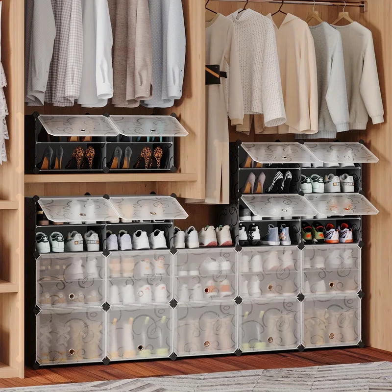 Large Plastic Shoe Storage Cabinet for 72 Pairs - Portable Organizer with Doors