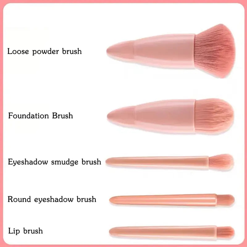 Mini Makeup Brush Set with Mirror – Travel Cosmetic Brushes, Soft Fluffy, 5 Pieces