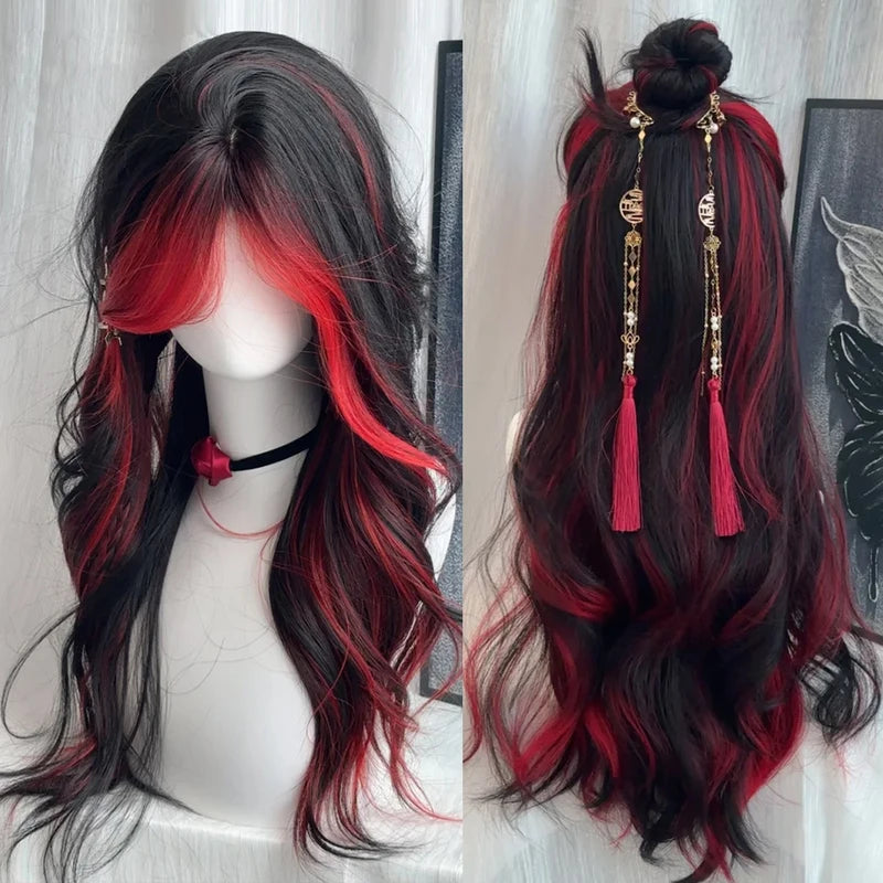 Long Wavy Synthetic Wig for Women - Black Ombre Red Layered Cosplay & Party Hair