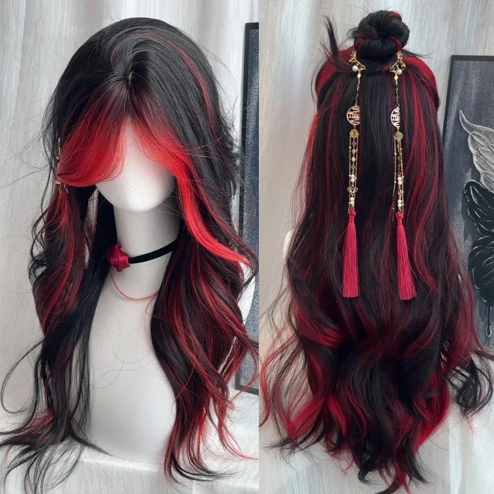 Long Wavy Synthetic Wig for Women - Black Ombre Red Layered Cosplay & Party Hair