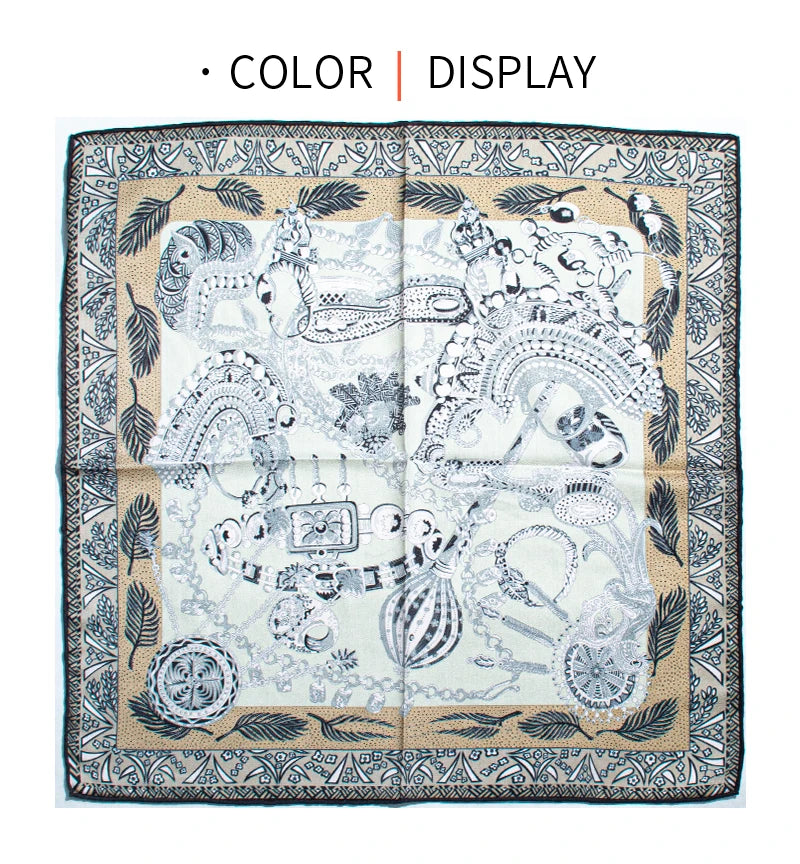 Luxury Silk Wool Botanical Print Square Scarf - Warm Retro Jewelry Design