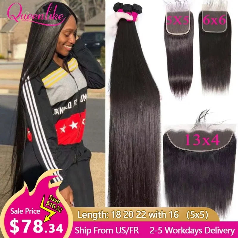 Brazilian Human Hair Bundles with Lace Closure - Straight 20-40 Inch Multiple Sizes