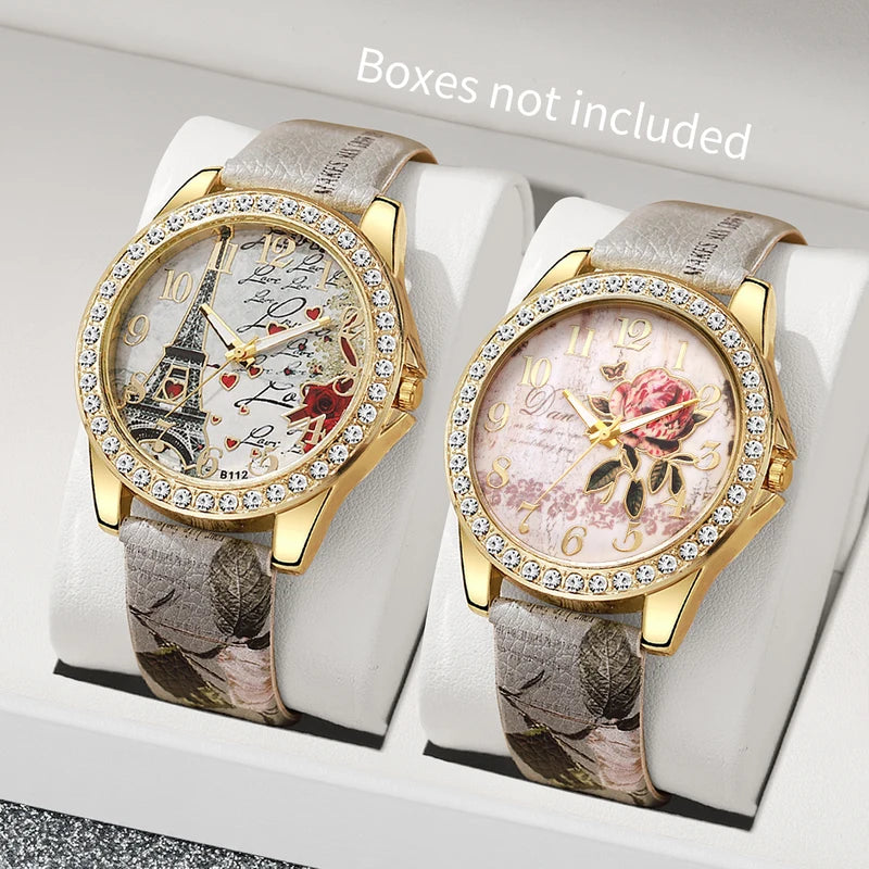 Fashion Women's Quartz Watch Set with Floral Print Leather Band Multiple Colors