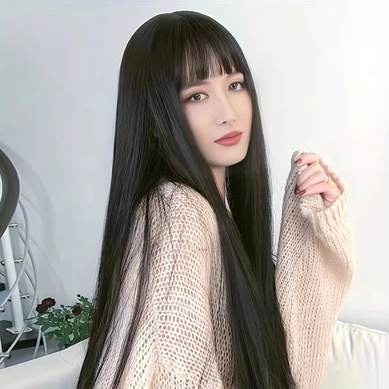 Black Long Straight Synthetic Wig for Halloween Cosplay & Daily Wear - High-Temperature Hair Accessory