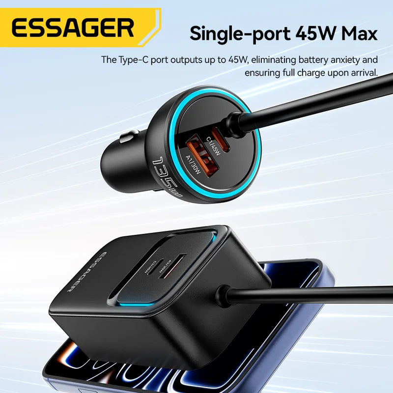 Dual Retractable Car Charger Cable 135W Fast Charging for iPhone, Samsung, Huawei, Laptop