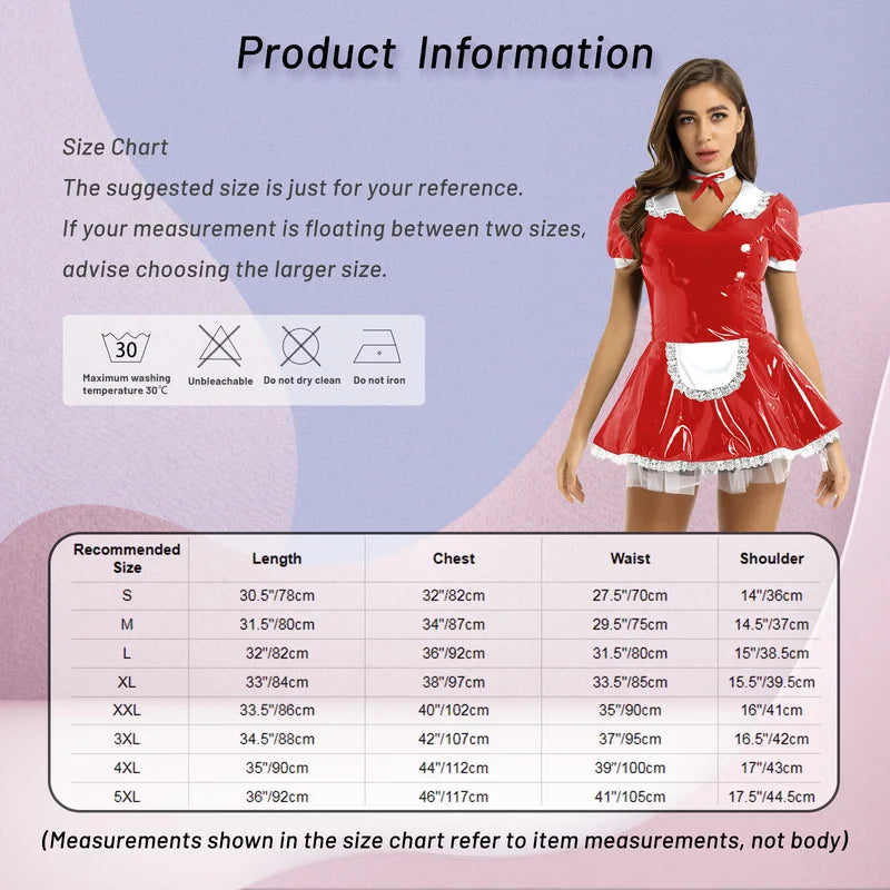 Women's Latex French Maid Dress Cosplay Costume with Ruffles and Lace Trim