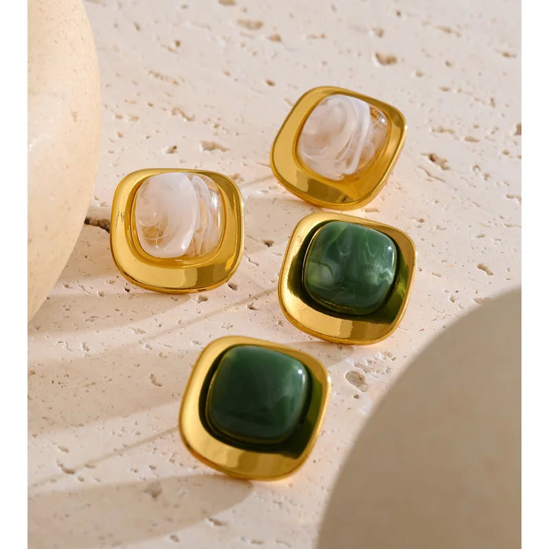 White Green Resin Square Stud Earrings - 18K Gold PVD Plated Stainless Steel Jewelry