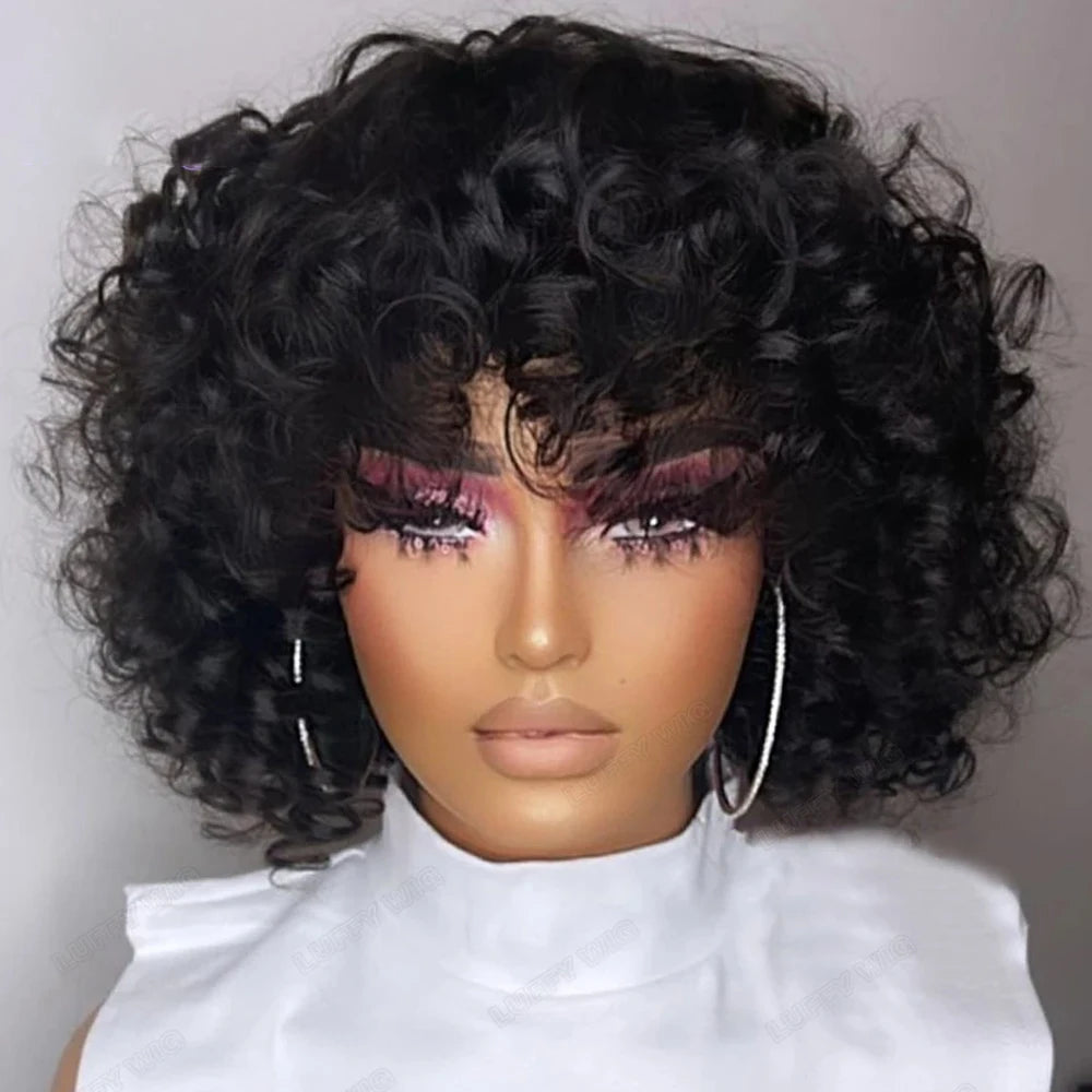Curly Short Bob Wig with Bangs - Human Hair, Bouncy Afro Rose Style