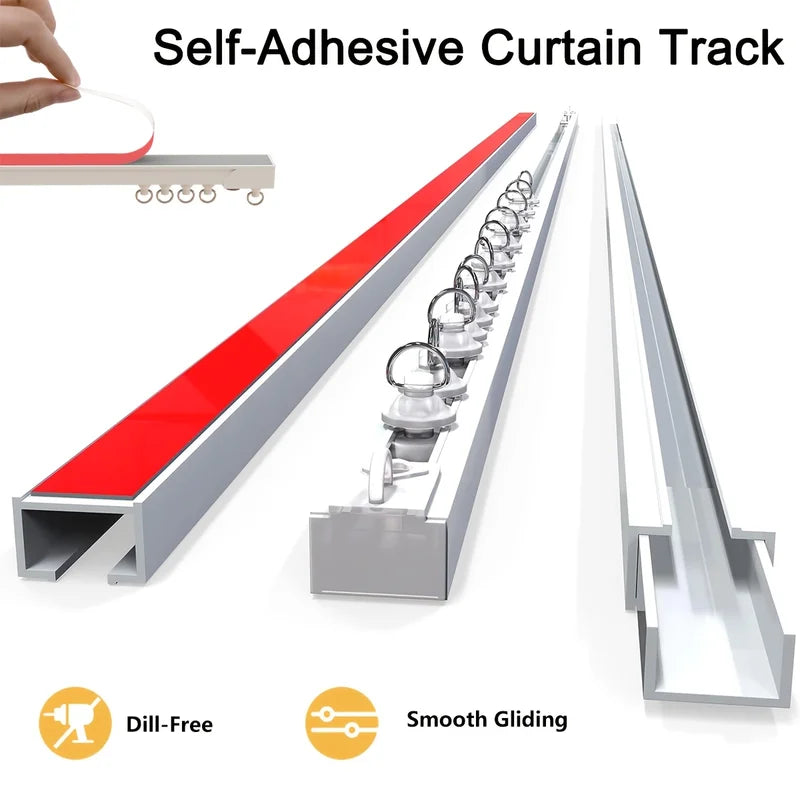 Self-Adhesive Curtain Track No Drill Wall & Ceiling Mount Silent Sliding Rail