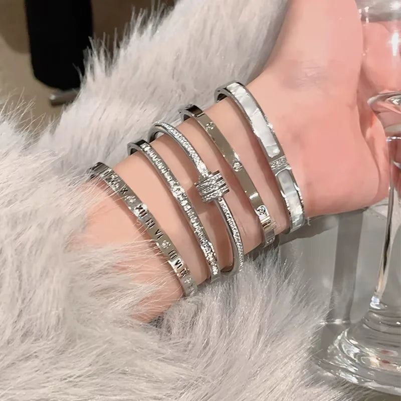 Silver Color Stainless Steel Bangle Bracelet for Women Girls - Waterproof Fashion Jewelry Gift